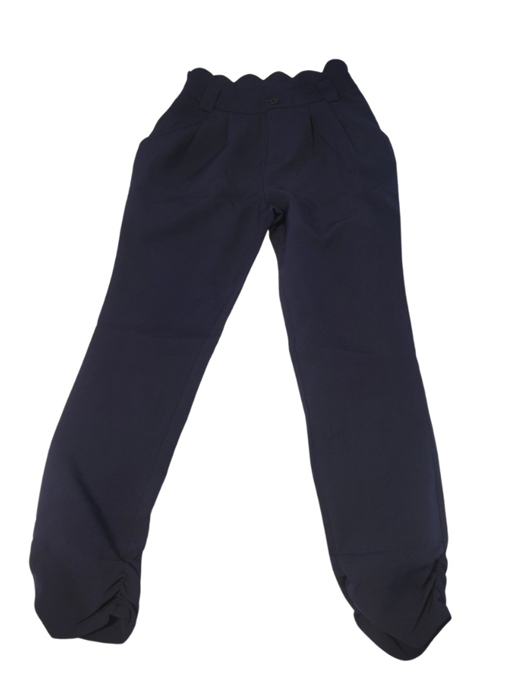 Scalloped Waist Navy Pants with Gathered Ankles
